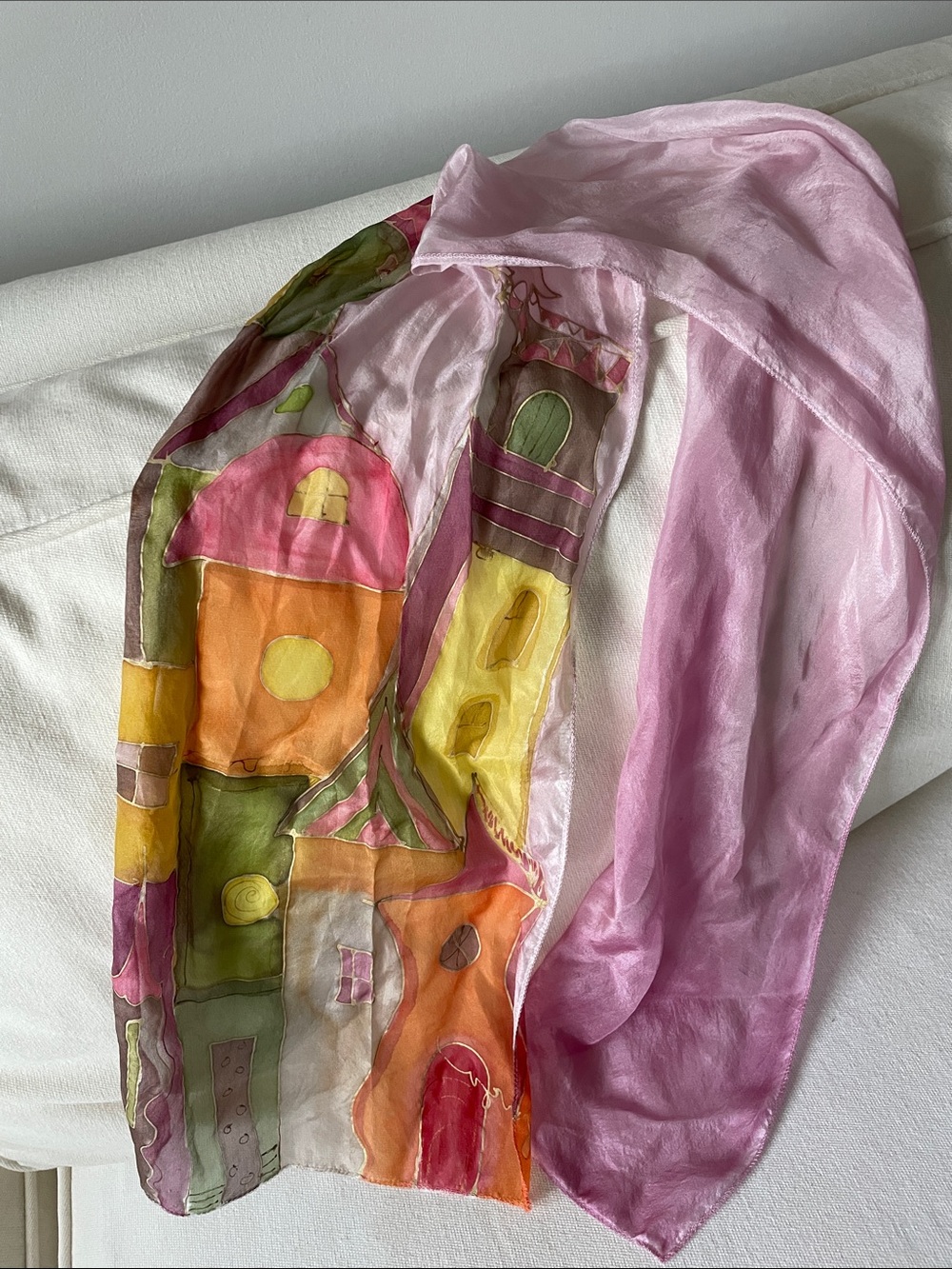 Hand-Painted Watercolor Silk Scarf in Pink & Multicolor